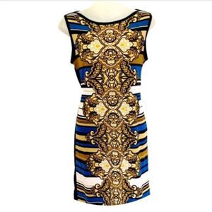 Banana Republic Baroque Navy, Gold, Cream Print Sheath Dress, XS